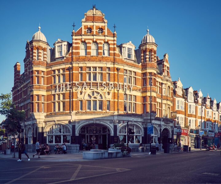 Photo of the front of The Salisbury pub in Harringay, North London. A very grand building with an ornate facade.