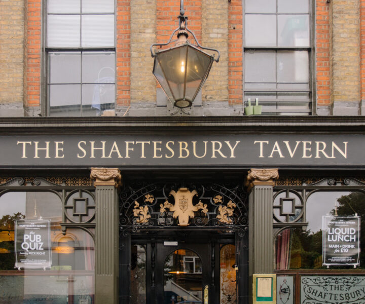 Front shot of The Shaftesbury Tavern pub in Hornsey, North London, with ornate facade and Victorian light.