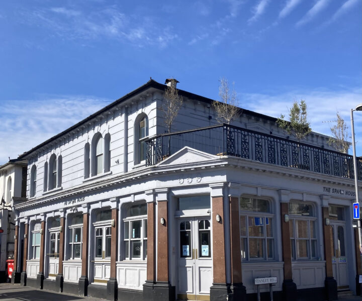 Photograph of the front of The European pub in London.