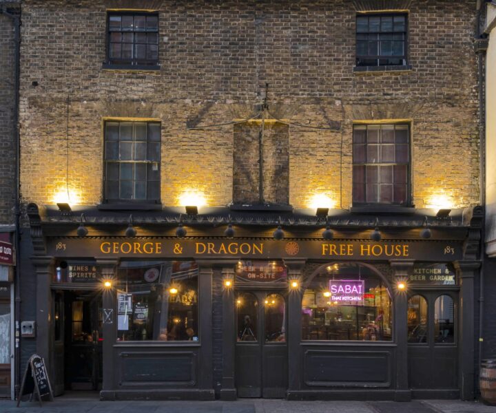 A photograph of the George and Dragon pub at dusk.