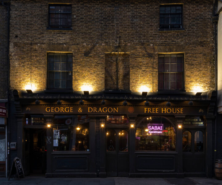 Outside of George & Dragon pub at dusk.